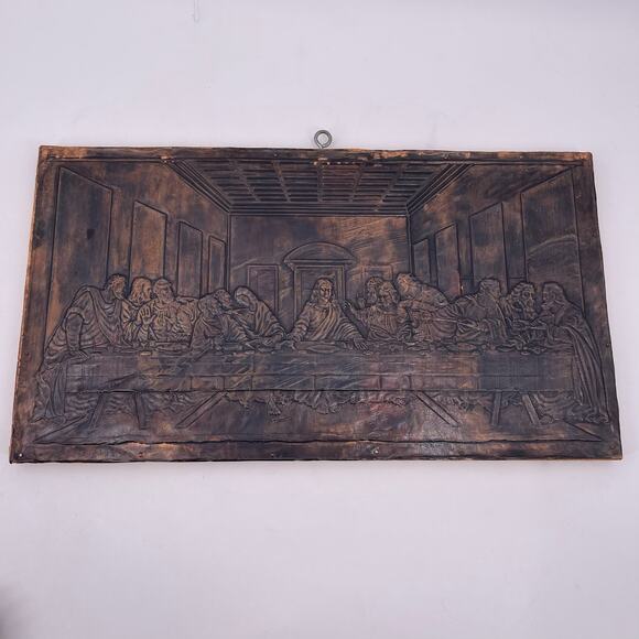 Embossed LAST SUPPER on Copper Tin 20x11 inches Mounted Nailed on Wood Vintage - Picture 14 of 15
